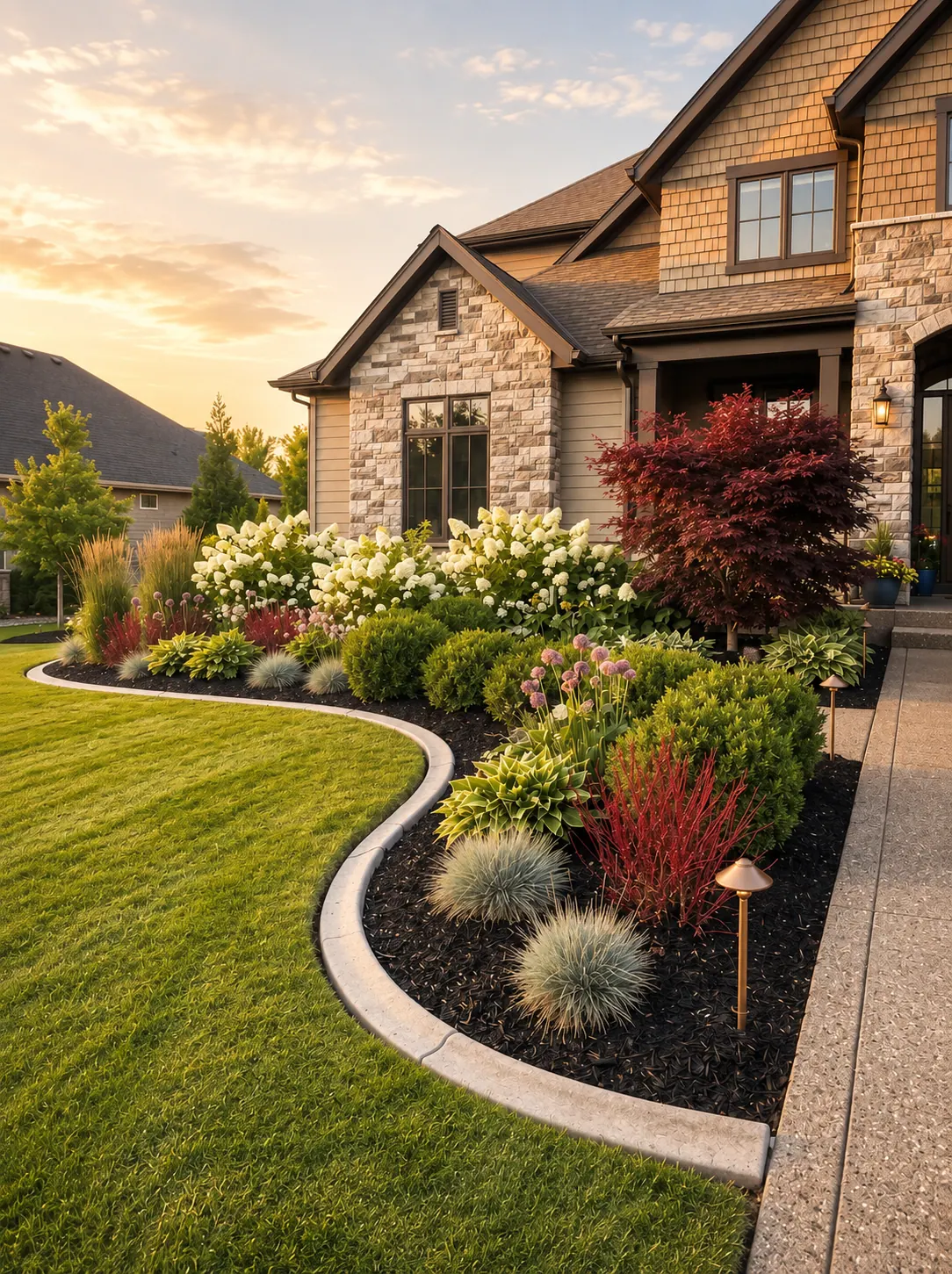 Landscaped estate grounds at golden hour in Kamloops
